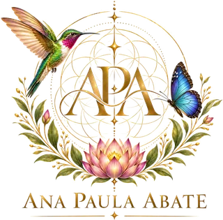 Logo Ana Paula Abate: monograma APA com beija-flor, borboleta azul e flor de lótus